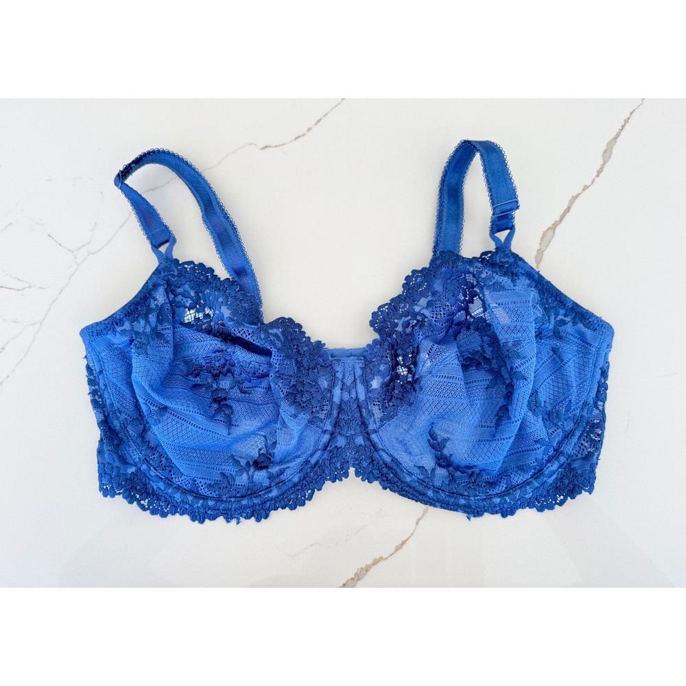 Wacoal Underwire Bra Women 40D Cobalt Blue Floral Lace Sheer Unlined 65191